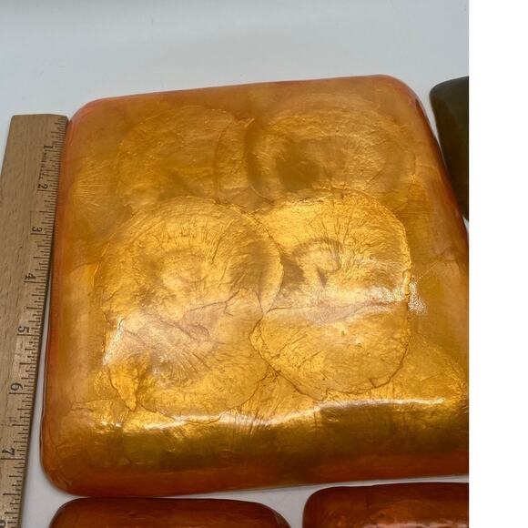 Vtg set 5 pc COLORIZED CAPIZ SHELL tray & plates.Orange,Green,Gold Mascagni look - Picture 7 of 9